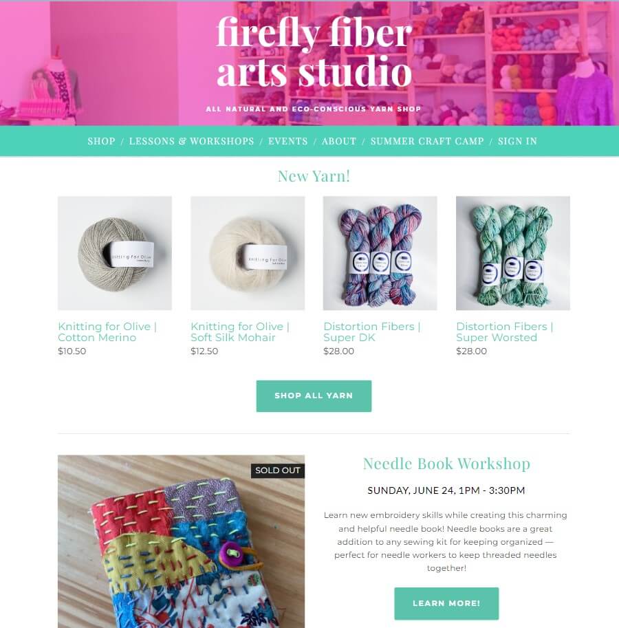 Homepage of Firefly Fiber Arts Studio website / fireflyfiberarts.com
