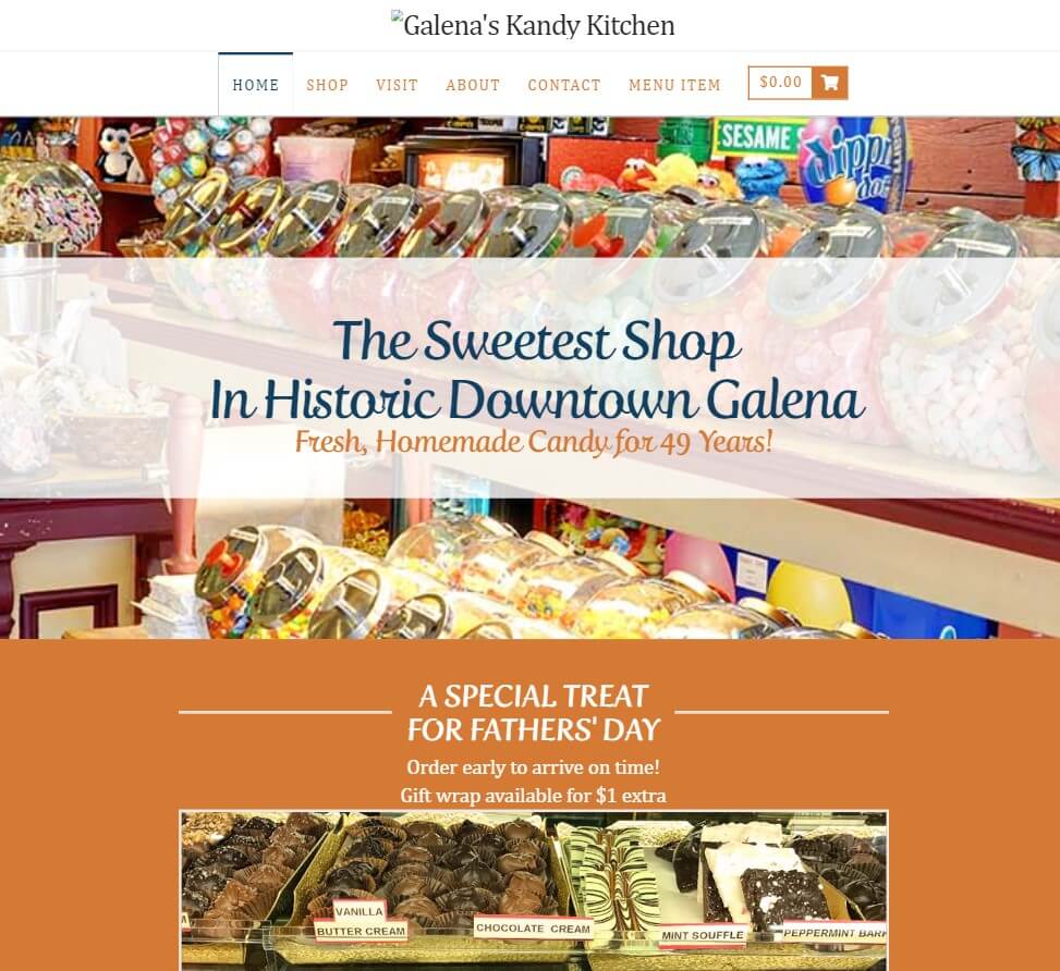 Homepage of Galena's Kandy Kitchen website / galenaskandykitchen.com