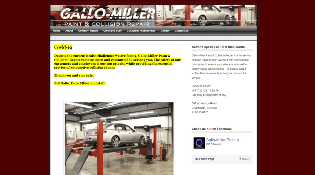 Homepage of Gallo-Miller Paint & Collision Repair website / gallomiller.com