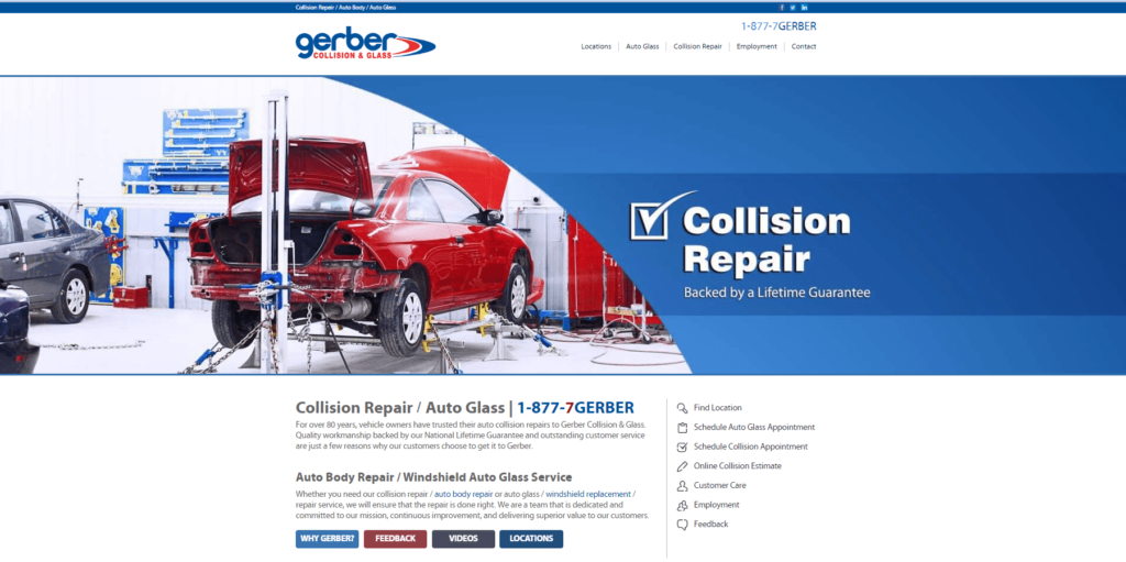 Homepage of Gerber Collision & Glass website / gerbercollision.com