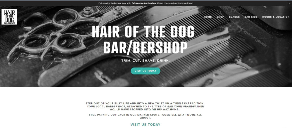 Homepage of Hair of the Dog website / hairofthedogbarbershop.com