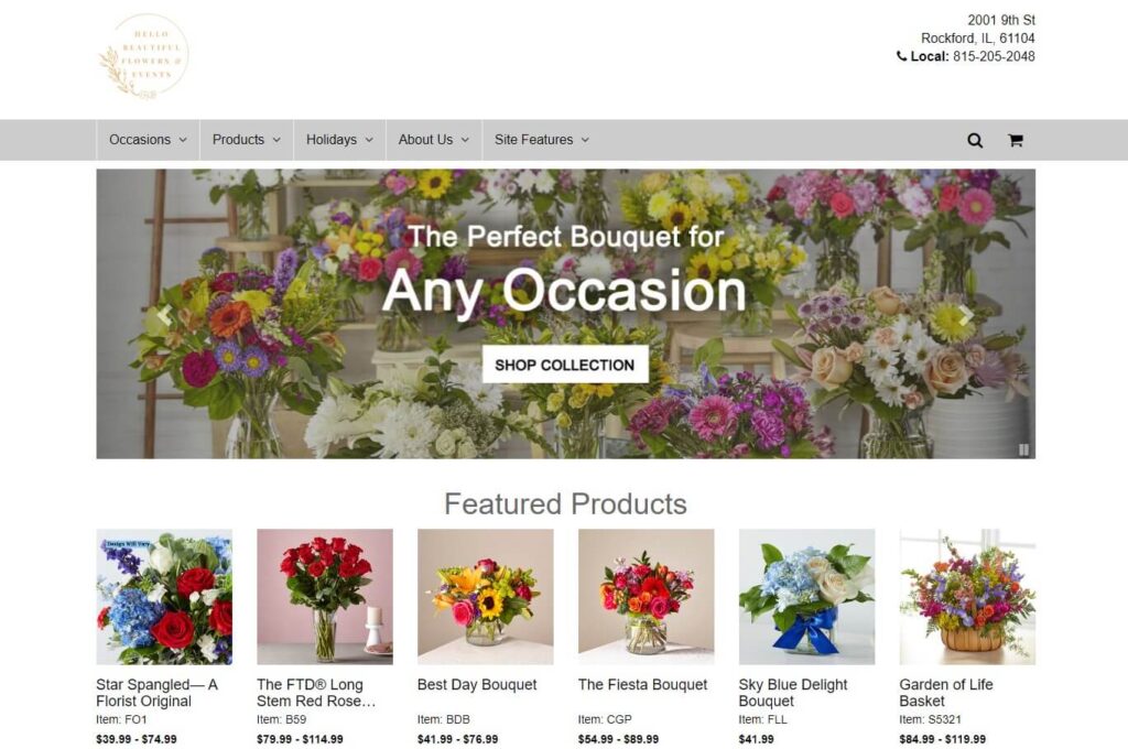 Homepage of Hello Beautiful Flowers & Events website / hellobeautifulflowershop.com