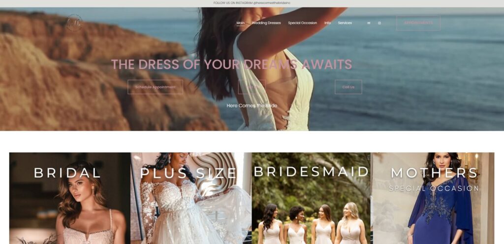 Homepage of Here Come The Bride Bridal Boutique website / herecomesthebrideinc.com