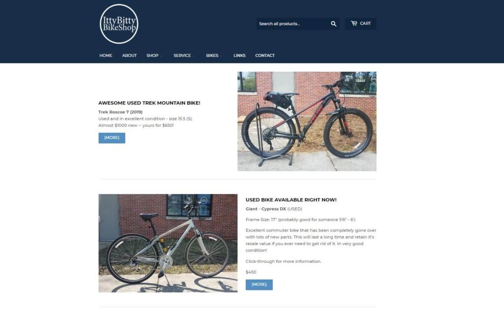 Homepage of IttyBitty Bike Shop website / ittybittybikeshop.com