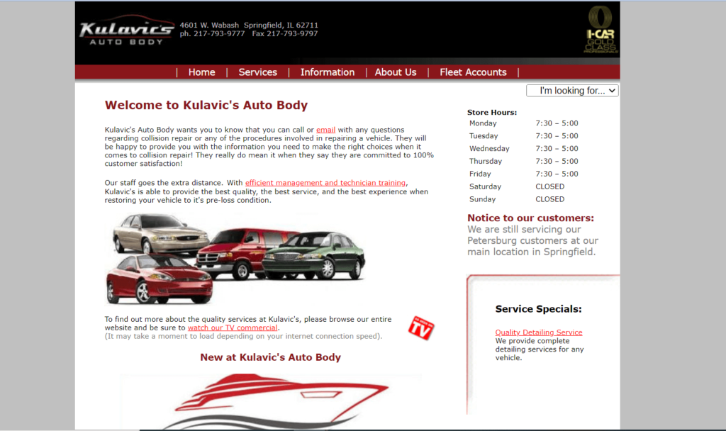 Homepage of Kulavic's Auto Body website / kulavics.com