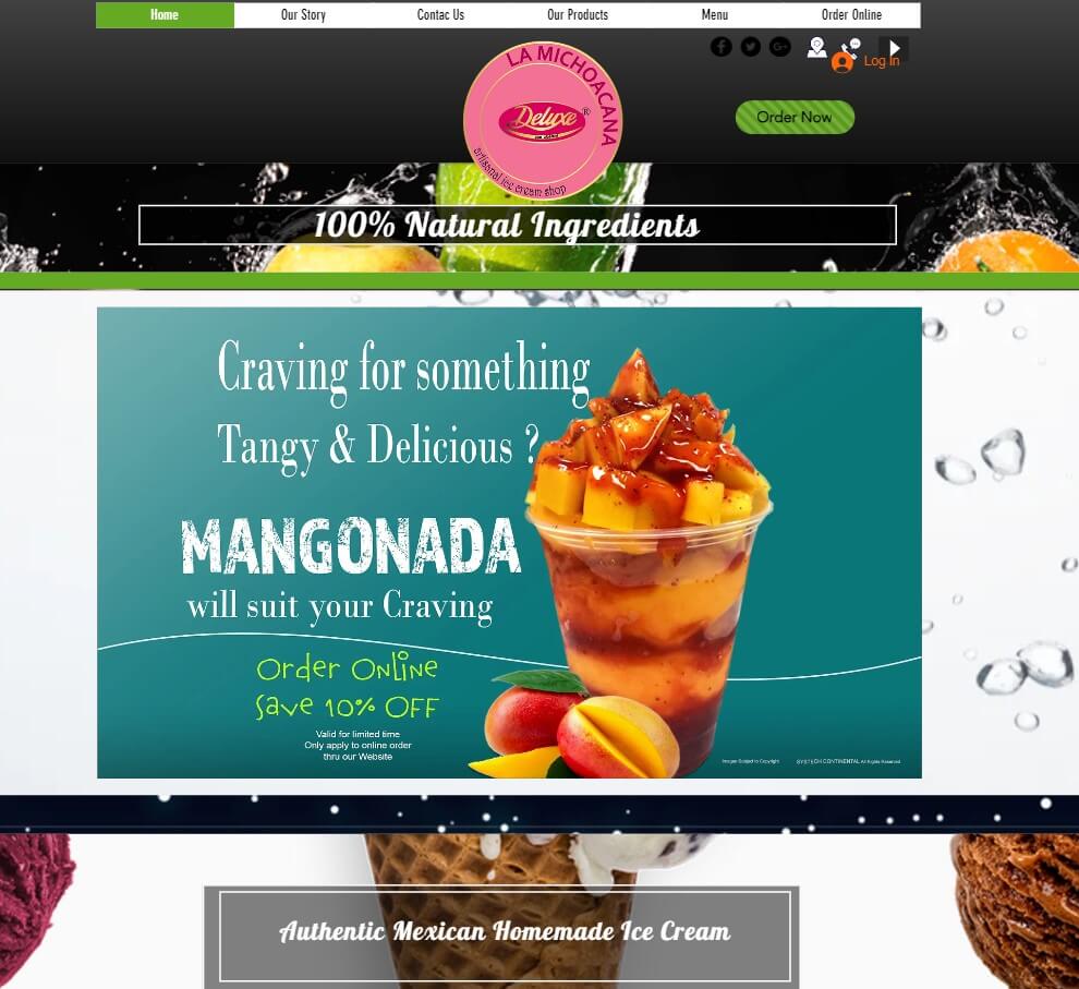 Homepage of La Michoacana Deluxe website / lamichoacanadeluxeicecream.com