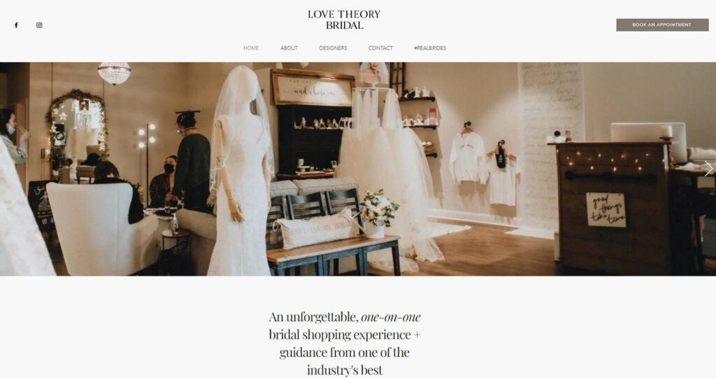Homepage of Love Theory Bridal website / lovetheorybridal.com