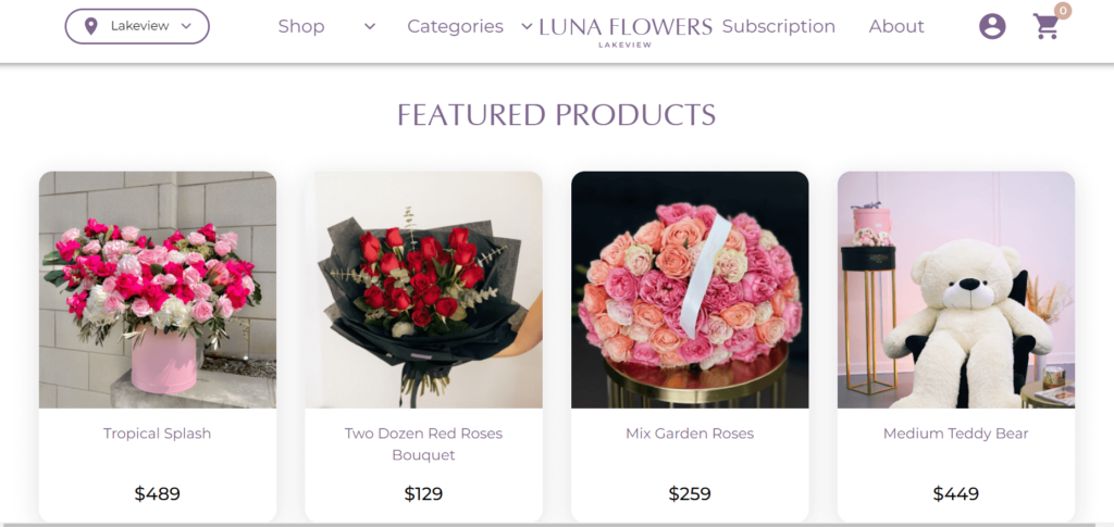 Homepage of Luna Flowers website / lunaflowerslakeview.com
