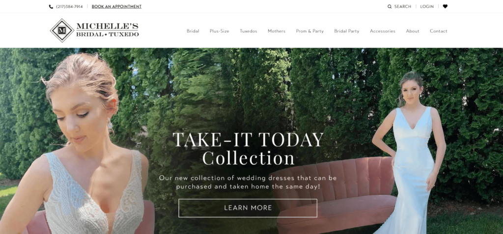 Homepage of Michelle's Bridal & Tuxedo website / michellebridalandtuxedo.com