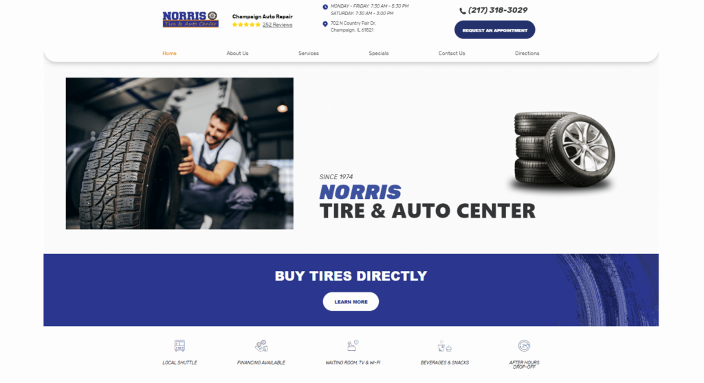 Homepage of Norris Tire & Auto Center website / norristire.net