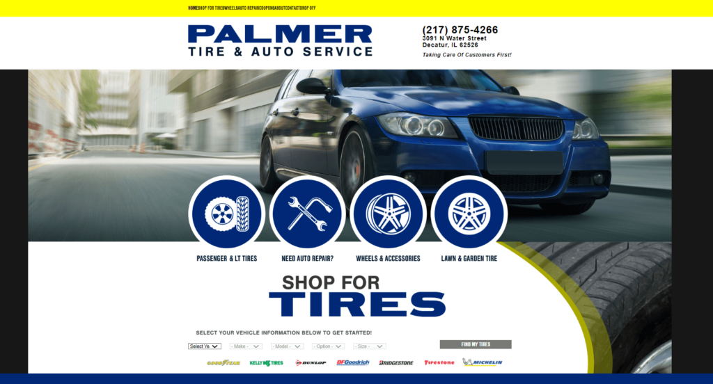 Homepage of Palmer Tire & Auto Service website / palmertireandautorepair.com