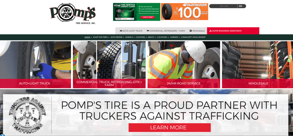 Homepage of Pomp's Tire Service website / pompstire.com