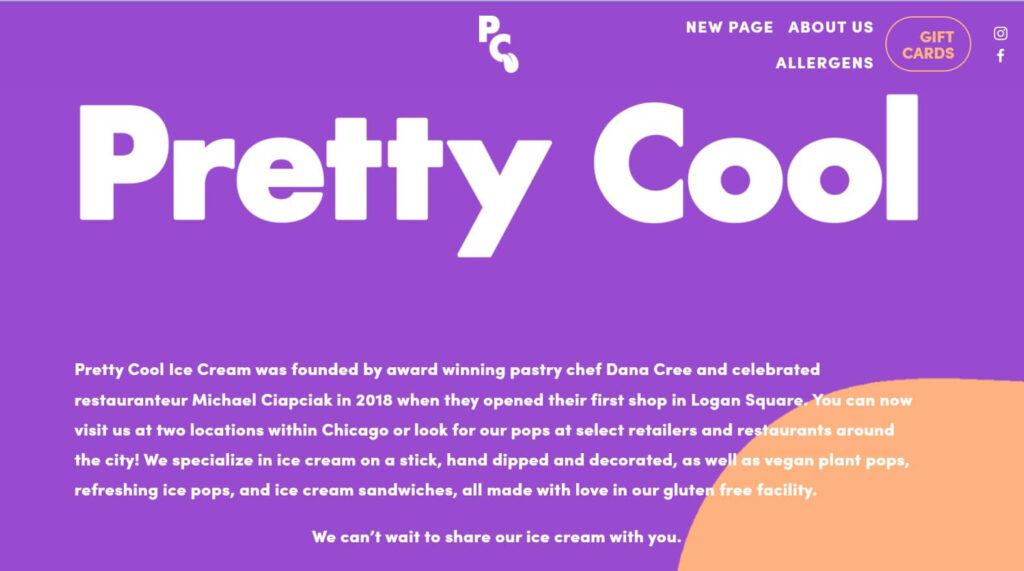 Homepage of Pretty Cool Ice Cream website / prettycoolicecream.com