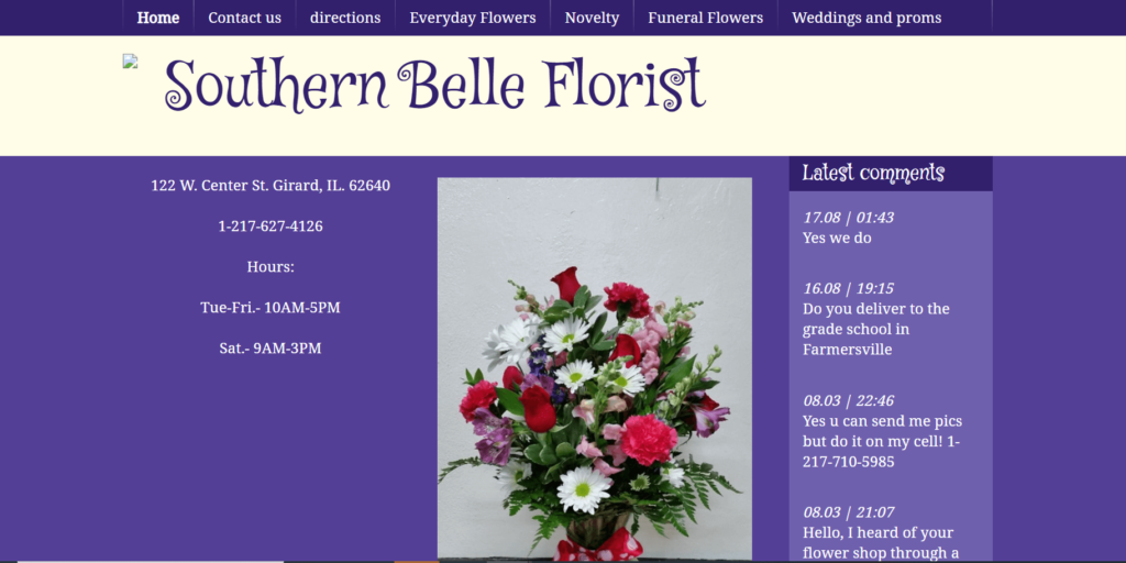 Homepage of Southern Belle Florist website / southernbellefloristgirard.com