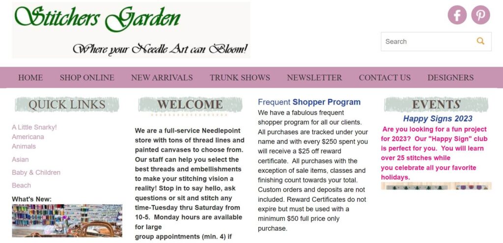 Homepage of Stitcher's Garden website / stitchersgardenil.com