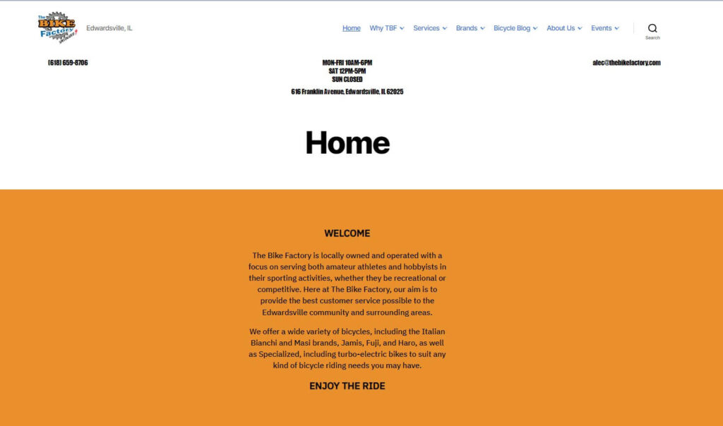 Homepage of The Bike Factory website / thebikefactory.com