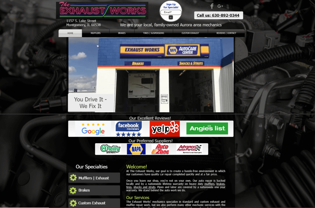 Homepage of The Exhaust Works website / theexhaustworks.com