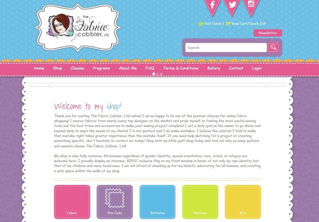 Homepage of The Fabric Cobbler website / thefabriccobbler.com