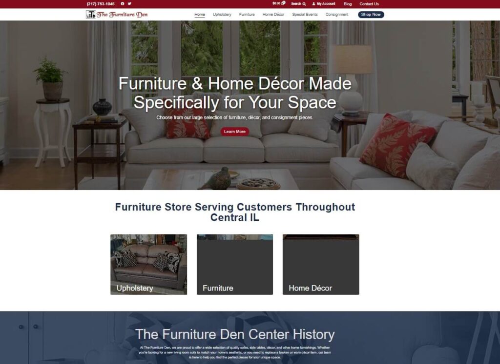 Homepage of The Furniture Den website / tfdandupholstery.com