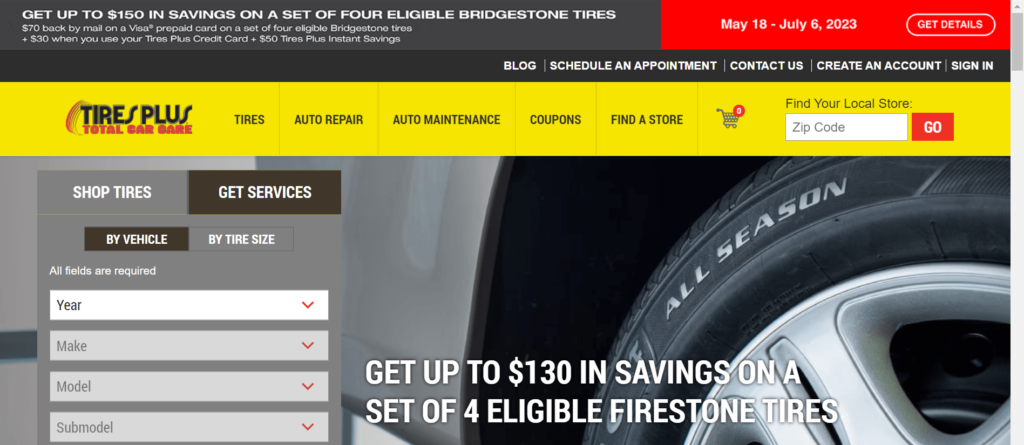 Homepage of Tires Plus website / tiresplus.com