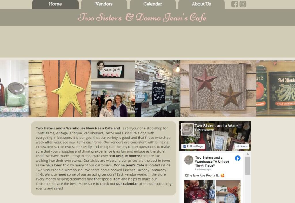 Homepage of Two Sisters and a Warehouse website / twosistersandawarehouse.com
