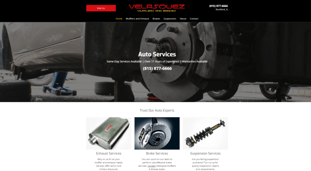 Homepage of Velasquez Complete Auto Care website / velasquezmuffler.com