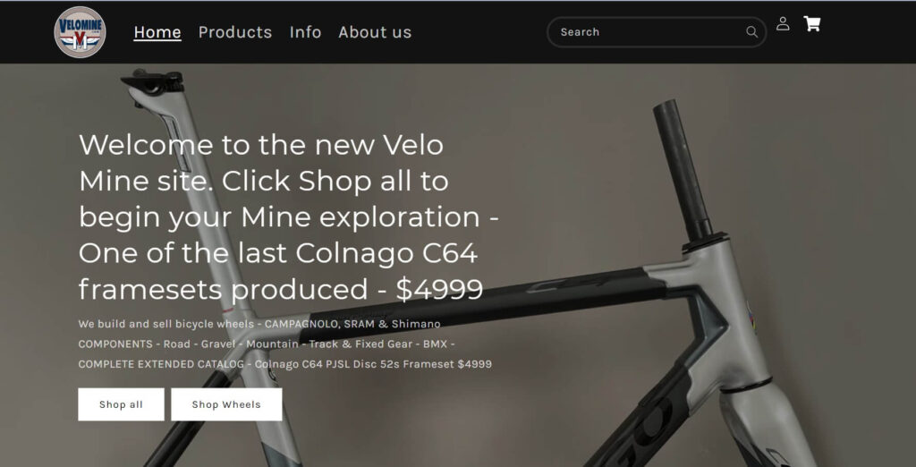 Homepage of Velo Mine website / velomine.com