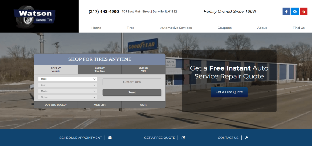 Homepage of Watson General Tire website / watsongeneraltire.net