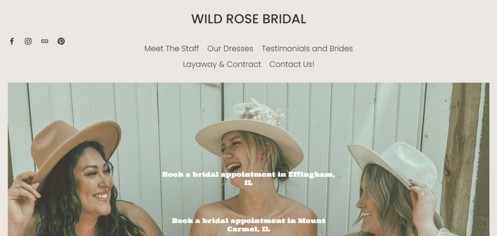 Homepage of Wild Rose Bridal website / wildrosebridal.com