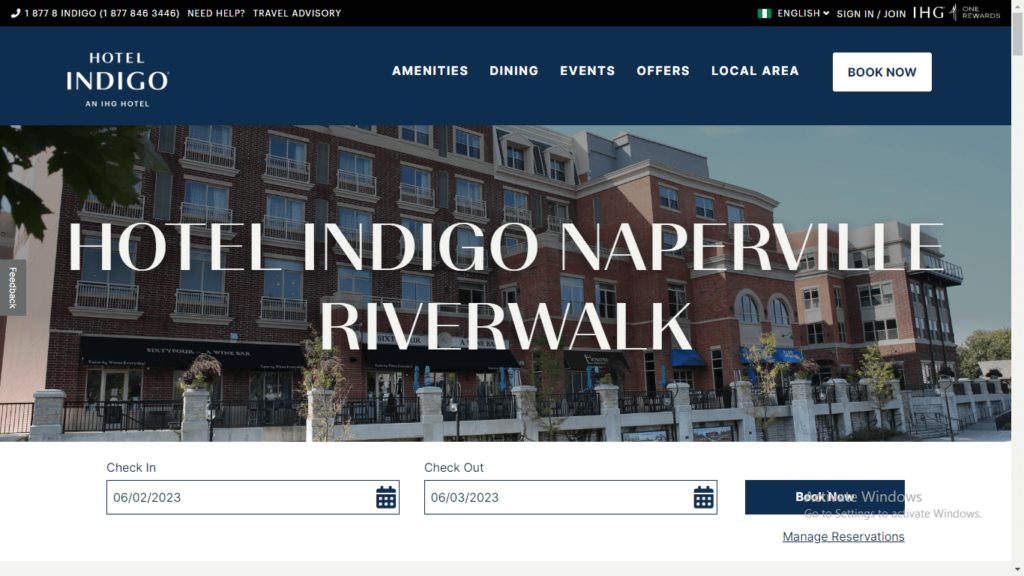 Homepage of Hotel Indigo Naperville Riverwalk's website / ihg.com