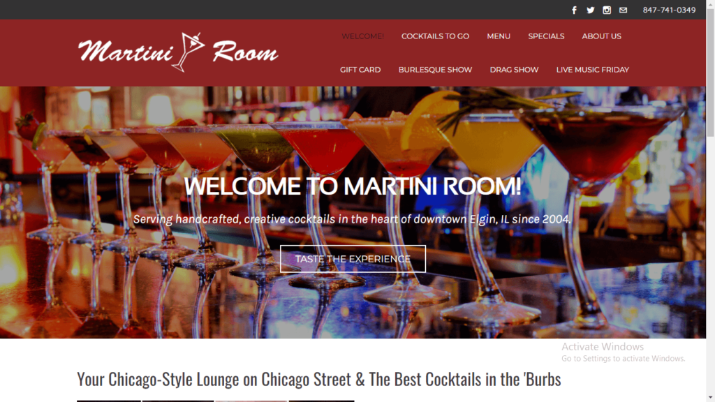 Homepage of Martini Room's website / martiniroomelgin.com
