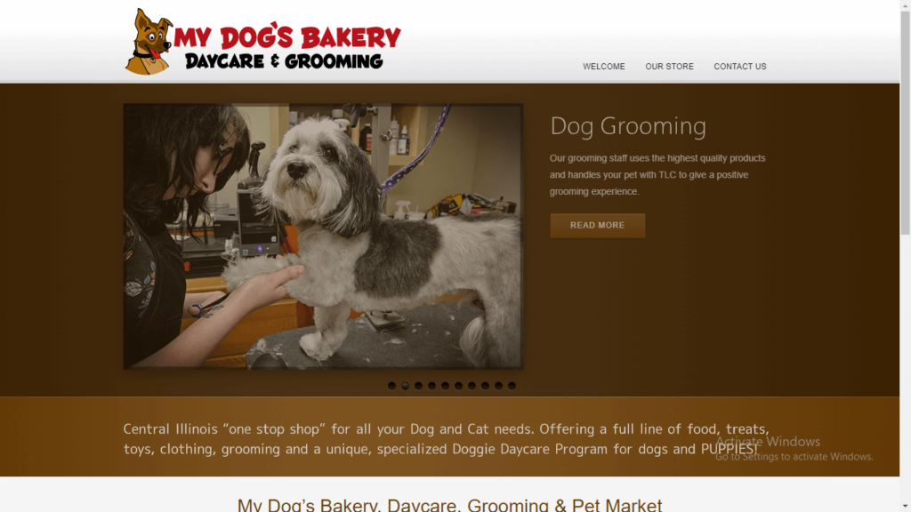 Homepage of Mt Dog's Bakery's website / mydogsbakeryil.com