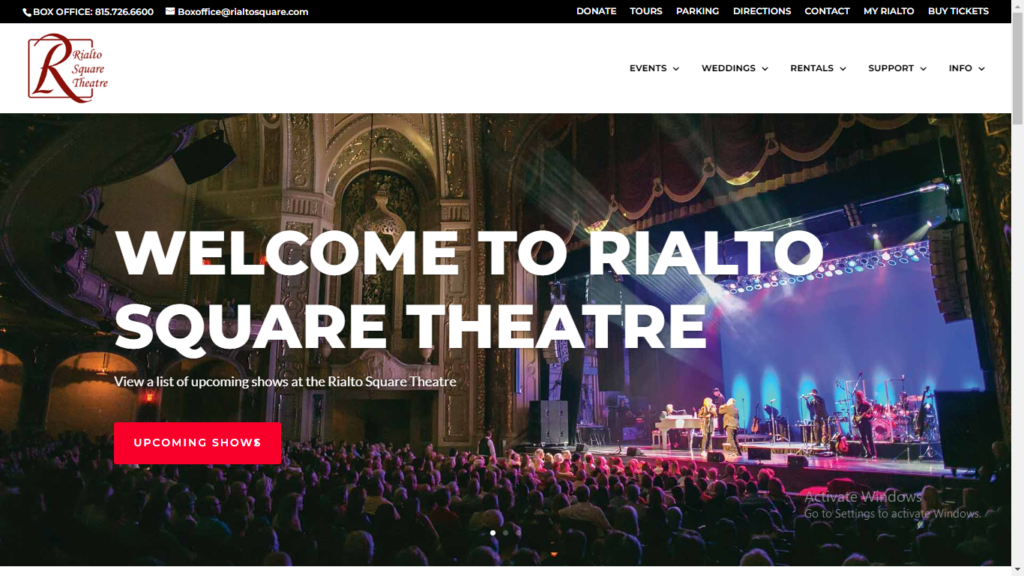 Homepage of Rialto Square Theatre's website / rialtosquare.com