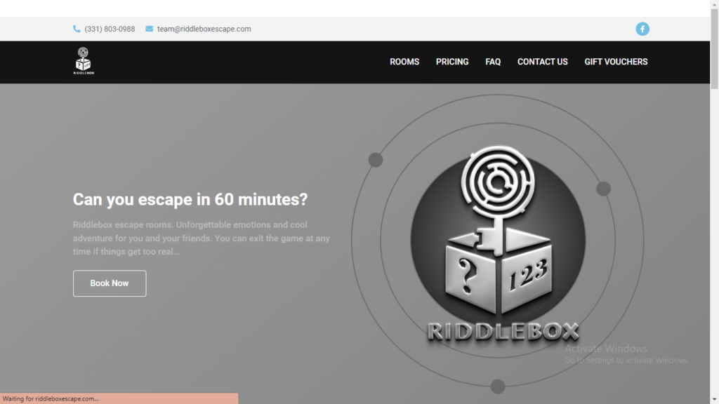 Homepage of Riddle Box Escape Room's website / riddleboxescape.com