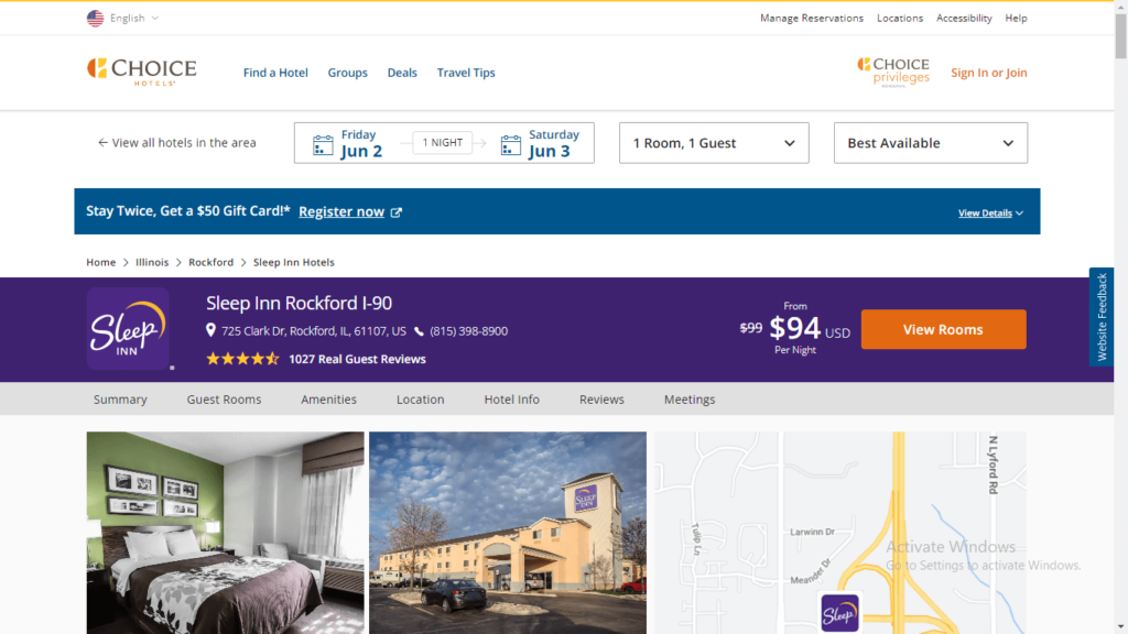 Homepage of Sleep Inn Rockford I-90's website / choicehotels.com