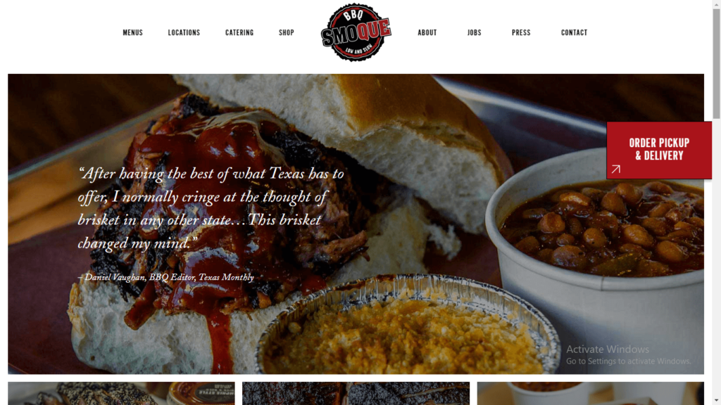 Homepage of Smoque BBQ's website / smoquebbq.com