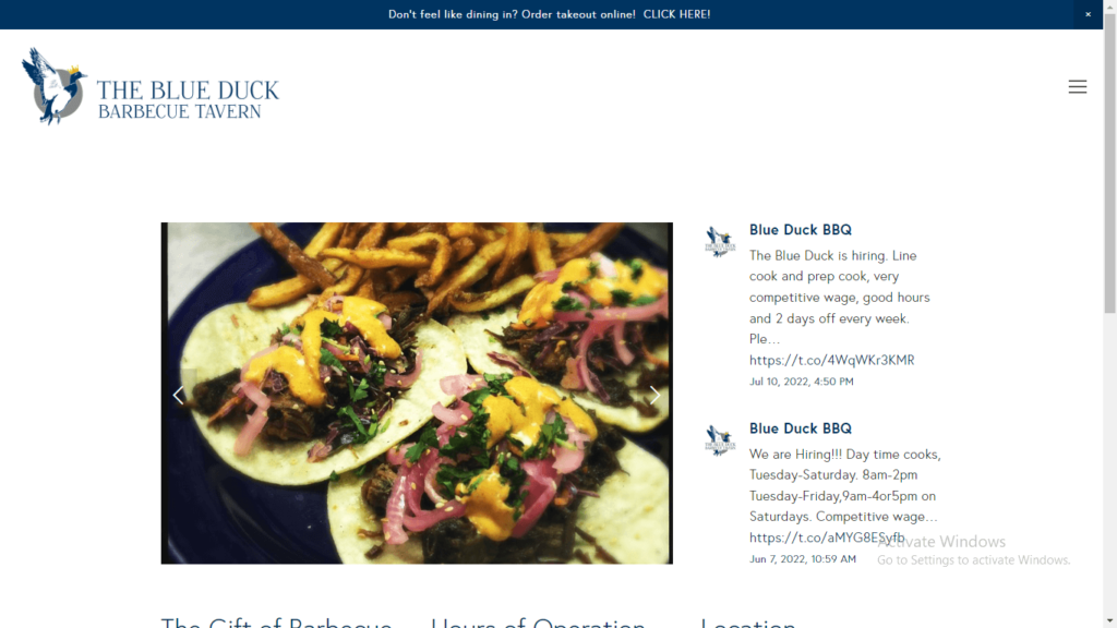 Homepage of The Blue Duck Barbecue Tavern's website / blueduckbarbecue.com