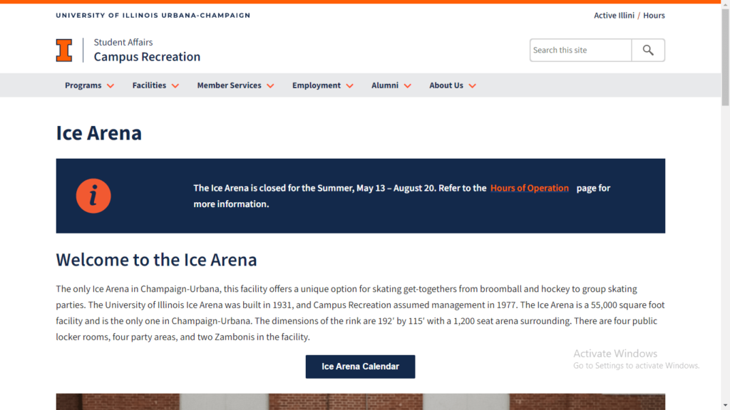 Homepage of UI Ice Arena's website / campusrec.illinois.edu